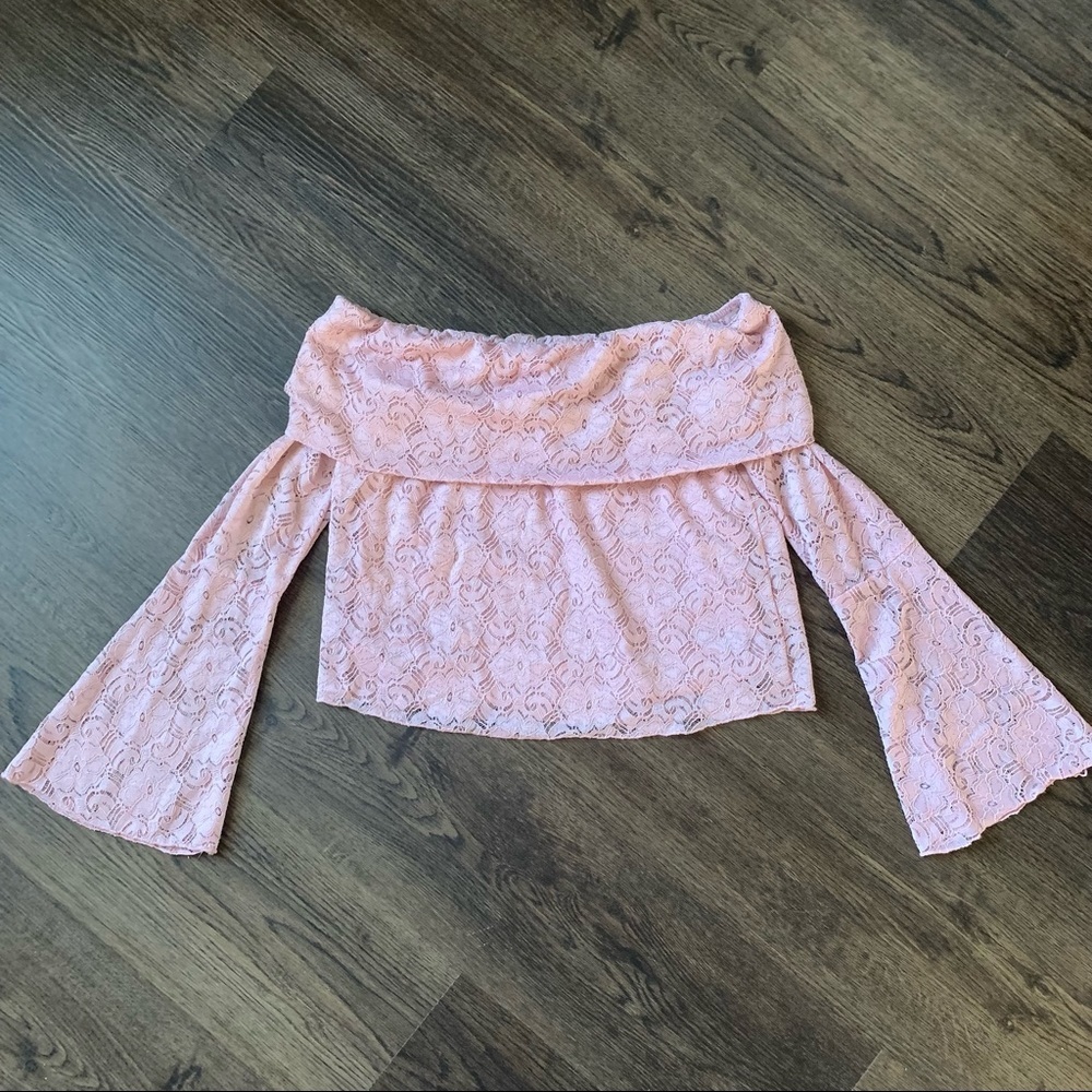 American Rag pink lace off shoulder crop top sz M - Picture 2 of 4